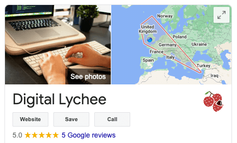A screenshot of the top of Digital Lychee's Google Business profile listing, showing the five 5* reviews left by very satisfied clients.