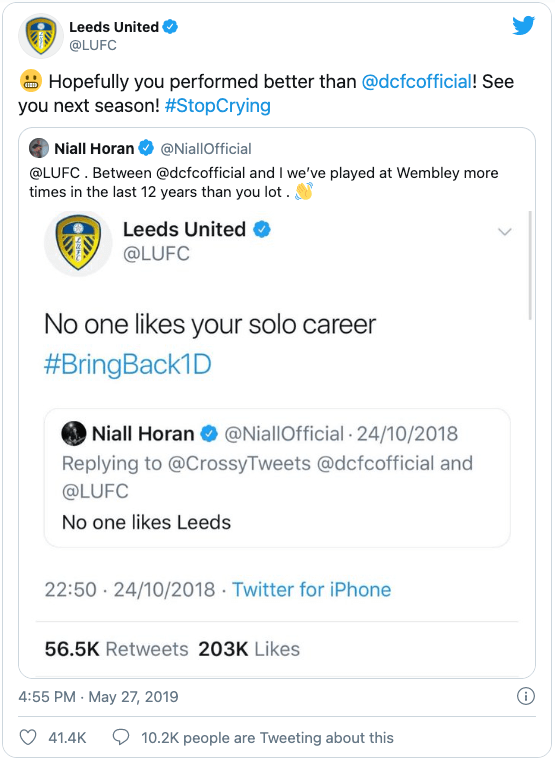 A screenshot of a Twitter thread between Leeds United Football Club and Niall Horan, the ex One Direction singer, demonstrating effective yet humorous social media communication.