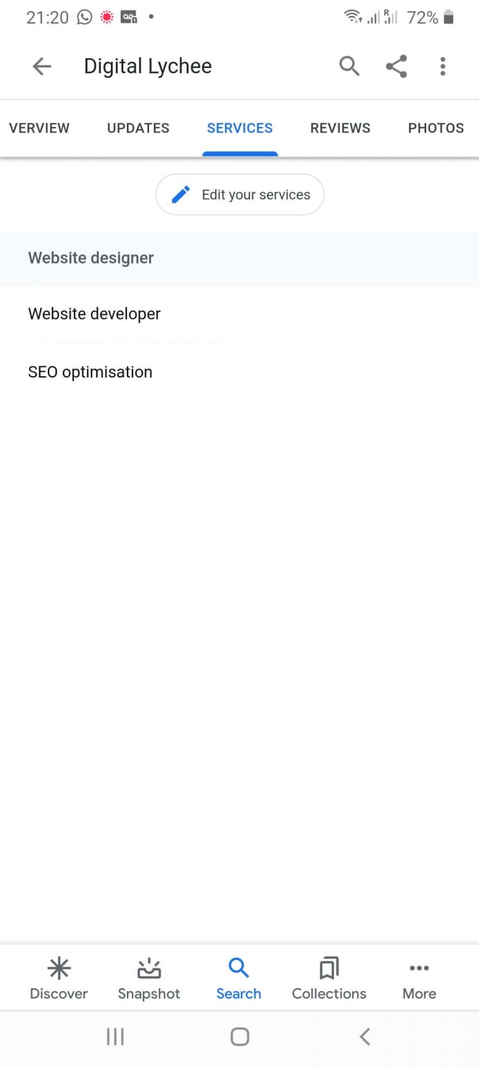 Screenshot showing the three services listed by Digital Lychee on Google, including Website design, development and SEO optimisation.