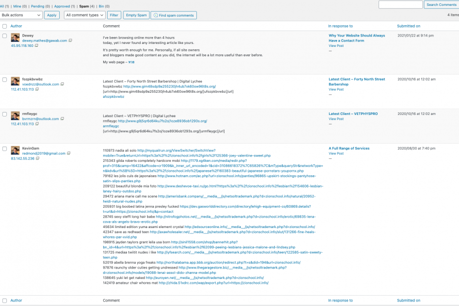 Screenshot of the Digital Lychee WP Comment Dashboard, Showing SPAM Comments