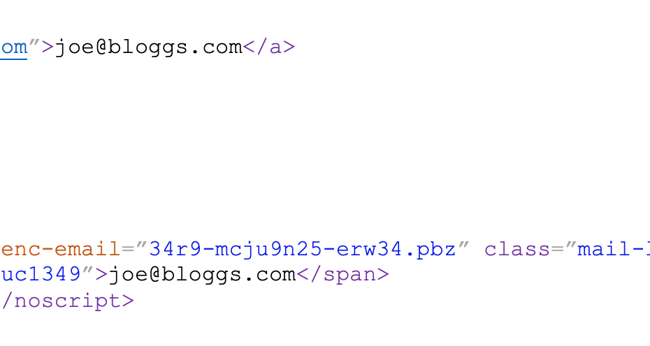 Email address before and after being encoded on a website, to prevent email SPAM