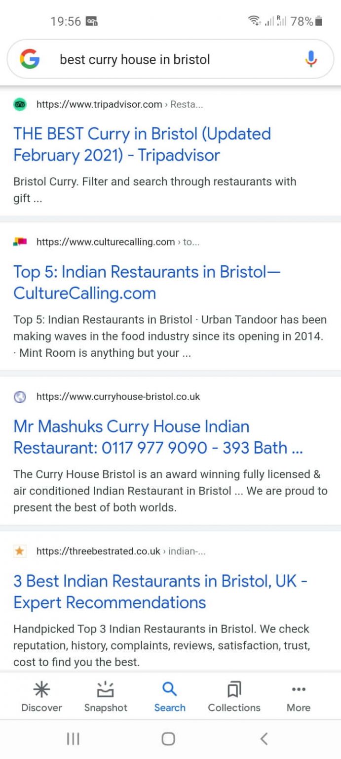 Mobile Search Results for 'best curry house in Bristol' , showing favicons