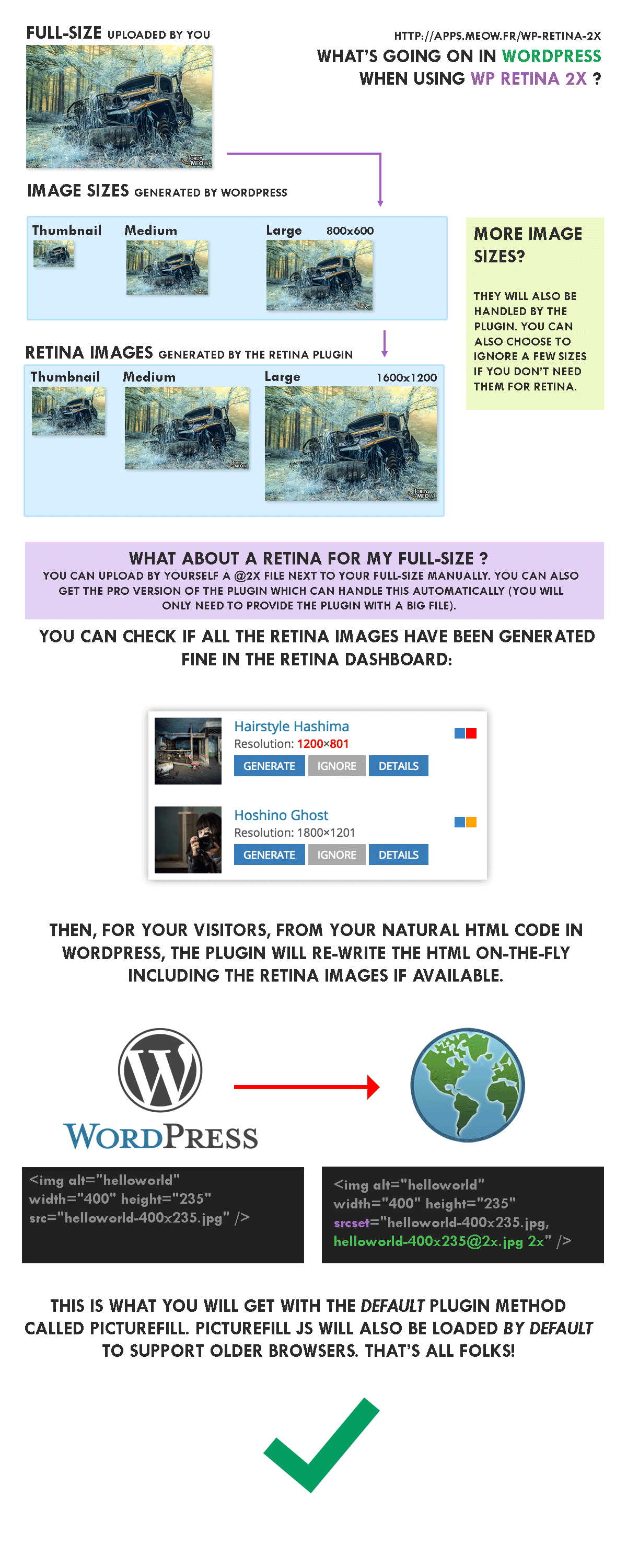 Infographic explaining how the Perfect Images + Retina WP Plugin Works