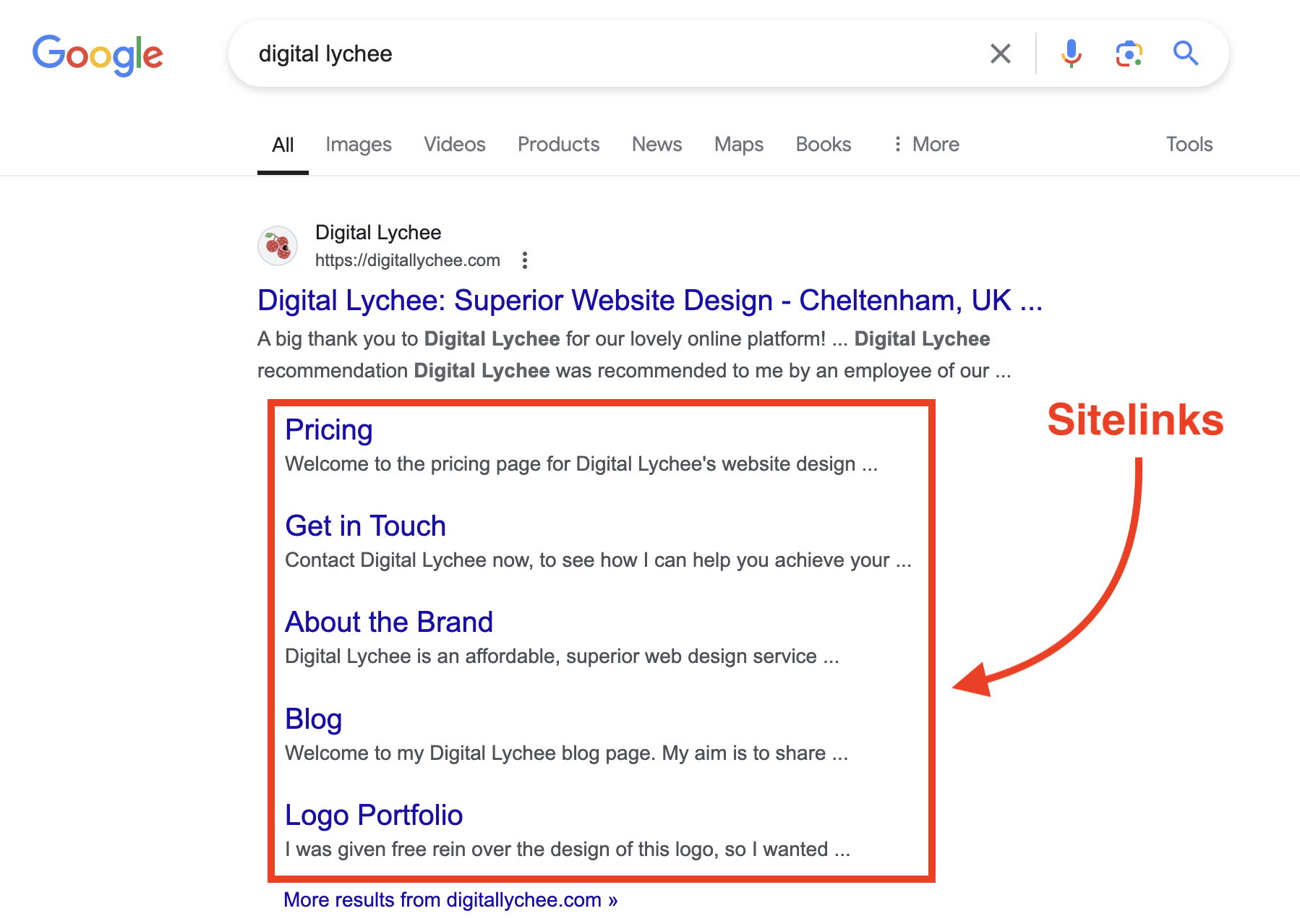 Example of Sitelinks for a Google Search of Digital Lychee Website Design