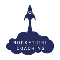 Logo for the Digital Lychee client 'Rocket Girl Coaching'. The logo consists of a navy blue rocket pointing upwards towards the top. It is leaving a navy blue cloud beneath it. In the cloud, it has the name of the client, all in capital letters. Rocket is bold, Girl is normal weight to the right and beneath that is Coaching, in bold. This is all overlaid on a white background and centred.